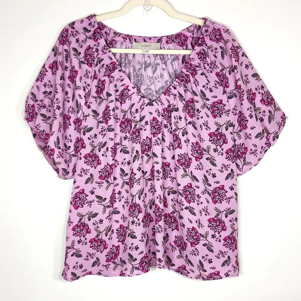 LOFT Floral Puff Sleeve Top‎ L Romantic Fairycore Coquette Boho